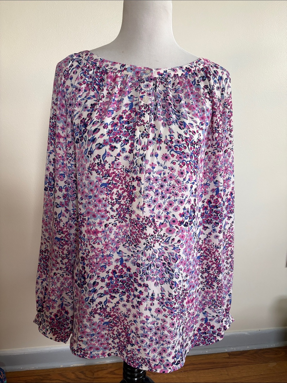 Talbots Pink and Blue Floral Long-Sleeve Peasant Blouse